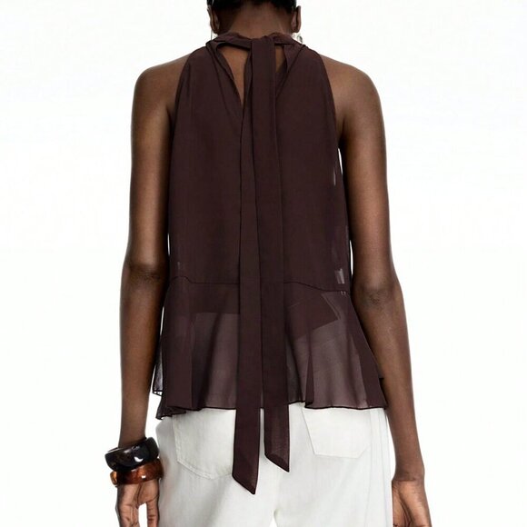 Coffee Brown Casual Women's Ruffle Chiffon Halter Top With Tie – Boho Style - Picture 2 of 7